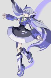 Rule 34 | 1girl, aiobahn, android, black dress, blunt bangs, blunt ends, boots, circle skirt, closed mouth, commentary request, dress, expressionless, floating hair, full body, gloves, grey background, grey hair, highres, joints, knee boots, kunn03, long hair, looking at viewer, purple eyes, purple shirt, robot joints, shirt, simple background, solo, standing, very long hair, white footwear