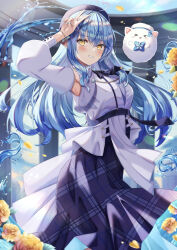 Rule 34 | 1girl, ahoge, armpit crease, belt, beret, black hat, blue hair, blue journey (hololive), blue skirt, blush, breasts, colored tips, detached sleeves, grin, hair between eyes, hand up, hat, heart, heart ahoge, highres, hololive, long hair, long sleeves, looking at viewer, matsumoto yuu, medium breasts, multicolored hair, official alternate costume, parted lips, pointy ears, shirt, skirt, smile, solo, streaked hair, v over head, very long hair, virtual youtuber, white shirt, wide sleeves, yellow eyes, yukihana lamy, yukimin (yukihana lamy)