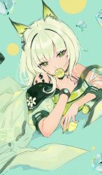 Rule 34 | 1girl, animal ears, arknights, commentary, dress, food, fruit, green background, green dress, green eyes, green hair, green nails, highres, holding, holding food, holding fruit, ice, ice cube, kal&#039;tsit (arknights), lemon, looking at viewer, lying, majiang, material growth, medium hair, nail polish, off-shoulder dress, off shoulder, oripathy lesion (arknights), solo, upper body
