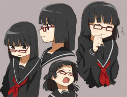 Rule 34 | 10s, 1girl, bad id, bad pixiv id, black eyes, black hair, black theme, blush, bob cut, character sheet, closed eyes, glasses, hand on another&#039;s chin, hand on own chin, hand on own face, mahou shoujo madoka magica, mahou shoujo madoka magica (anime), multiple persona, open mouth, patricia (madoka magica), personification, profile, purple background, red-framed eyewear, school uniform, serafuku, shinomin, simple background, sinomin, smile, solo