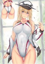 Rule 34 | 1girl, anger vein, ass, bare shoulders, blonde hair, blue eyes, commentary request, competition swimsuit, covered navel, cowboy shot, cropped legs, graf zeppelin (kancolle), grey one-piece swimsuit, hand up, hat, highres, indoors, jacket, kantai collection, long hair, looking at viewer, mickey dunn, mole, mole under eye, multiple views, off shoulder, one-piece swimsuit, open clothes, open jacket, peaked cap, spoken anger vein, standing, swimsuit, thighs, white jacket