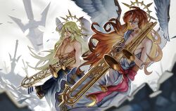 Rule 34 | 2boys, angel, angel wings, aqua eyes, blonde hair, bracer, carrying, carrying under arm, closed mouth, curtained hair, falling leaves, feet out of frame, fringe trim, gold collar, green robe, hair between eyes, halo behind head, holding, holding instrument, instrument, leaf, long hair, male focus, multiple boys, original, parted lips, planted, planted sword, planted weapon, red eyes, red hair, red sash, robe, rubble, ruins, sash, sennohajime, smile, sword, toga, toned, toned male, topless male, trombone, wavy hair, weapon, white robe, wings