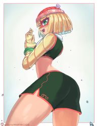 Rule 34 | 1girl, absurdres, arms (game), ass, beanie, blonde hair, blue background, blunt bangs, border, cowboy shot, domino mask, from behind, from below, green eyes, hat, highres, mask, min min (arms), nintendo, open mouth, profile, red border, shorts, smile, solo, tony welt