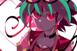 Rule 34 | 1boy, :o, @ @, absurdres, ahoge, cosmos mrst, dyed bangs, eyelashes, goggles, goggles on head, green hair, hair between eyes, highres, jacket, jacket on shoulders, jewelry, looking at viewer, male focus, multicolored hair, open clothes, pendant, portrait, red eyes, red hair, sakaki yuya, short hair, solo, two-tone hair, upper body, wide-eyed, yu-gi-oh!, yu-gi-oh! arc-v