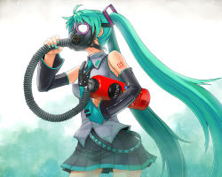 Rule 34 | 1girl, aqua hair, bare shoulders, detached sleeves, fire extinguisher, fire hydrant, gas mask, hair ornament, hatsune miku, highres, holding, itou (onsoku tassha), long hair, mask, nail polish, necktie, pleated skirt, simple background, skirt, solo, strap, tattoo, tube, twintails, very long hair, vocaloid