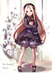 Rule 34 | 1girl, abigail williams (fate), beret, black bow, black dress, black hat, blonde hair, bloomers, blue eyes, bow, bug, butterfly, closed mouth, dress, english text, expressionless, fate/grand order, fate (series), frilled sleeves, frills, full body, hair bow, hands in opposite sleeves, hat, highres, holding, holding stuffed toy, insect, legs apart, long hair, looking at viewer, mary janes, no socks, orange bow, parted bangs, shoes, sishenfan, solo, standing, straight hair, stuffed animal, stuffed dog, stuffed toy, underwear, very long hair