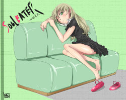 Rule 34 | 00s, 1girl, bad id, bad pixiv id, barefoot, blush, couch, feet, green eyes, green upholstery, grey hair, heart, highres, legs, maaru, maka albarn, mary janes, red footwear, shoes, solo, soul eater