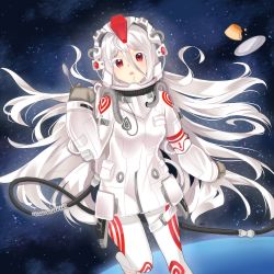 Rule 34 | 1girl, absurdres, albino, astronaut, breasts, cable, colored eyelashes, commentary, deadman wonderland, english commentary, eyelashes, floating hair, hair between eyes, helmet, highres, holding, holding spoon, long hair, looking at viewer, nude, open mouth, red eyes, shiro (deadman wonderland), solo, space, space helmet, spoon, star (sky), white hair, yaya chan