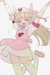 Rule 34 | 1girl, apron, arms up, bandaged wrist, bandages, blonde hair, blush, center frills, closed eyes, collared dress, dress, facing viewer, fang, feet up, frills, hair ornament, happy, hat, jumping, long hair, natori sana, nurse, nurse cap, open mouth, pink apron, pink footwear, puffy short sleeves, puffy sleeves, rabbit hair ornament, raised eyebrows, sana channel, short dress, short sleeves, simple background, smile, solo, thighhighs, toeless footwear, translation request, two side up, virtual youtuber, white background, white dress, white thighhighs, yuzuko pogya