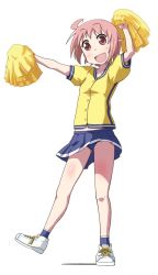 Rule 34 | 1girl, ahoge, blue panties, blue skirt, blue socks, brown eyes, cheerleader, commentary request, full body, holding, holding pom poms, ki (adotadot), looking at viewer, nonohara yuzuko, open mouth, panties, pink hair, pleated skirt, pom pom (cheerleading), pom poms, shirt, shoes, short hair, skirt, smile, sneakers, socks, solo, standing, standing on one leg, underwear, yellow shirt, yuyushiki