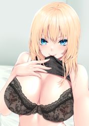 Rule 34 | 1girl, bare shoulders, bed sheet, black bra, black sweater, blonde hair, blue eyes, blush, bra, breasts, clothes lift, fingernails, hair between eyes, hand up, highres, hitotsuba, indoors, lace, lace-trimmed bra, lace trim, large breasts, lifted by self, lingerie, lips, looking at viewer, mouth hold, nipples, original, reaching, reaching towards viewer, ribbed sweater, see-through, sleeveless, smile, solo, sweater, sweater lift, underwear, upper body