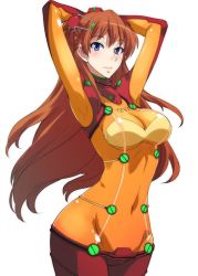 Rule 34 | 1girl, arms up, blue eyes, blush, bodysuit, breasts, curvy, hair ornament, isao, long hair, looking at viewer, multicolored clothes, neon genesis evangelion, orange hair, plugsuit, rebuild of evangelion, red bodysuit, see-through, see-through bodysuit, shiny clothes, simple background, solo, souryuu asuka langley, standing, test plugsuit, very long hair, wide hips