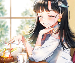 Rule 34 | 1girl, artist name, black hair, bracelet, cake, cherry, closed eyes, coffee, coffee mug, cup, day, dessert, earrings, food, fruit, grin, hairband, holding, holding spoon, indoors, jewelry, long hair, long sleeves, looking at viewer, mug, original, sandwich, shinishi chiho, shirt, sitting, skirt, smile, solo, spoon, table, whipped cream, white hairband, white shirt, window