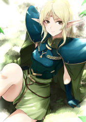 Rule 34 | 1girl, arm support, armor, backlighting, bad id, bad pixiv id, blonde hair, blue gloves, breastplate, breasts, brown eyes, cape, closed mouth, commentary request, day, deedlit, dress, elbow gloves, elf, forehead jewel, gloves, green cape, green dress, knee up, long hair, outdoors, pauldrons, pointy ears, record of lodoss war, shoulder armor, sidelocks, sitting, small breasts, smile, solo, tea (nakenashi), very long hair