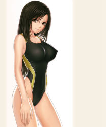 Rule 34 | 00s, 1990s (style), 1girl, black hair, breasts, brown eyes, competition swimsuit, covered erect nipples, final fantasy, final fantasy vii, final fantasy vii advent children, highleg, highleg swimsuit, long hair, non-web source, one-piece swimsuit, retro artstyle, single vertical stripe, solo, suhara (protea), swimsuit, tifa lockhart, tony taka