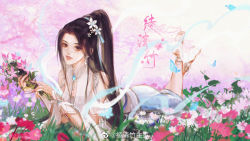 Rule 34 | 1girl, absurdres, anklet, blanket, brown hair, bug, butterfly, dress, flower, full body, grass, hair flower, hair ornament, hair tie, highres, holding, holding flower, insect, jewelry, ling qingzhu (wu dong qian kun), lying, on stomach, open mouth, ponytail, second-party source, solo, teeth, veil, white dress, wrist cuffs, wu dong qian kun, zacao tong