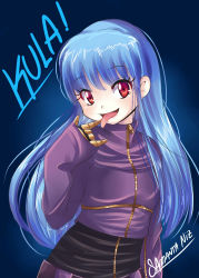 Rule 34 | 1girl, :p, \m/, absurdres, blue hair, character name, cropped jacket, eyelashes, gold trim, head tilt, highres, kula diamond, long hair, red eyes, samanta niz, solo, standing, the king of fighters, tongue, tongue out, very long hair, wavy hair