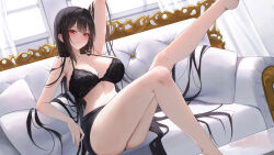 Rule 34 | 1girl, absurdres, ame 816, arm behind head, arm up, black bra, black hair, black skirt, blush, bra, breasts, cleavage, closed mouth, couch, cushion, highres, indoors, large breasts, leg up, light particles, long hair, looking at viewer, miniskirt, original, red eyes, skirt, solo, thighs, underwear, underwear only, very long hair, window