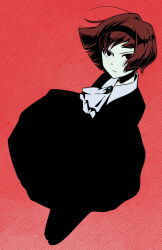 1girl ascot black_dress black_hairband brooch brown_hair closed_eyes closed_mouth cropped_legs dress hairband jewelry looking_at_viewer nagare750 pale_skin r_dorothy_wayneright red_background short_hair solo the_big_o white_ascot