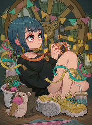 Rule 34 | 1girl, absurdres, bare legs, black nails, black shirt, camera, check copyright, colored inner hair, copyright request, drinking straw, expressionless, full body, hedgehog, highres, holding, holding camera, ice cream cone, knees up, leaf, long sleeves, multicolored hair, nail polish, osakechan0, pink eyes, plant, potted plant, shirt, shoes, sitting, solo, yellow footwear, zutto mayonaka de ii no ni
