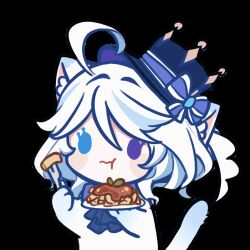 Rule 34 | 1girl, :3, ahoge, ahoge wag, animal ears, animated, animated gif, blue bow, blue eyes, blue hat, bow, cat ears, cat girl, chibi, eating, expressive hair, food, furina (genshin impact), gan le buneng, genshin impact, hat, hat bow, heterochromia, holding, holding plate, macaroni, multicolored hair, pasta, plate, short hair, solid circle eyes, solo, streaked hair, tail, tail wagging, top hat, wavy hair