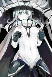 Rule 34 | 10s, 1girl, abyssal ship, bodysuit, breasts, gloves, green eyes, hokamichi, kantai collection, looking at viewer, navel, nippleless clothes, nipples, pale skin, personification, silver hair, solo, taji (crowview), unzipping, wo-class aircraft carrier, zipper