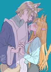 Rule 34 | 2girls, animal ears, blonde hair, blue background, blue eyes, blue jacket, blue shirt, blush, casual, cat, cat day, cat ears, cat girl, cat tail, choker, commentary, dated, dungeon meshi, elf, expressive tail, extra ears, eye contact, face-to-face, falin thorden, fang, grey hair, grey pants, grey shirt, hair behind ear, hair between eyes, hand on another&#039;s face, highres, holding hands, interlocked fingers, jacket, kemonomimi mode, long hair, long hair between eyes, long sleeves, looking at another, marcille donato, multiple girls, open mouth, pants, pointy ears, profile, robe, shirt, short hair, sketch, smile, tail, twitter username, white robe, wide sleeves, yuri, yuri kyanon