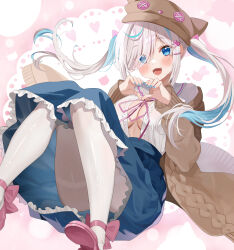Rule 34 | 1girl, animal hat, blue hair, blue nails, blue skirt, breasts, brown coat, cat hat, center frills, cleavage, coat, commission, eyes visible through hair, fangs, frilled skirt, frills, hair ornament, hairclip, hat, heart, heart hair ornament, heart hands, highres, ilu fluor, indie virtual youtuber, medium breasts, multicolored hair, open clothes, open mouth, open shirt, pantyhose, pink footwear, pink ribbon, piyopoyo, ribbon, sailor collar, shirt, skeb commission, skirt, solo, streaked hair, thighband pantyhose, twintails, virtual youtuber, white hair, white pantyhose, white sailor collar, white shirt
