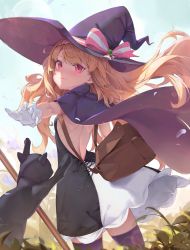Rule 34 | 1girl, absurdres, animal, armpit peek, back, backless dress, backless outfit, bag, bare arms, bingwei huang, black cat, black dress, blonde hair, cape, cat, closed mouth, cowboy shot, day, dress, from behind, gloves, hat, highres, little witch nobeta, long hair, looking at viewer, looking back, nobeta, outdoors, phyllis (cat) (little witch nobeta), phyllis (little witch nobeta), purple hat, purple thighhighs, red eyes, short dress, shoulder bag, shoulder blades, skindentation, solo, standing, thighhighs, white gloves, witch hat