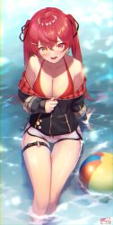 Rule 34 | 1girl, ball, bare shoulders, beachball, bikini, black jacket, black ribbon, blush, breasts, collarbone, commentary, earrings, feet out of frame, hair between eyes, hair ribbon, halterneck, hand up, heart, heart earrings, heterochromia, highres, hololive, houshou marine, houshou marine (summer), jacket, jewelry, large breasts, long hair, long sleeves, looking at viewer, o-ring, o-ring thigh strap, off shoulder, open mouth, partially unzipped, red bikini, red eyes, red hair, ribbon, shimotsuki shio, short shorts, shorts, sitting, smile, solo, swimsuit, thigh strap, twintails, unzipping, very long hair, virtual youtuber, water, white shorts, yellow eyes