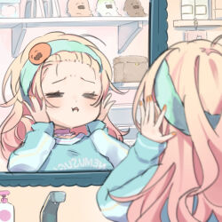 1girl =_= aqua_hairband aqua_shirt bathroom blonde_hair character_doll choker closed_eyes clothes_writing commentary_request faucet frilled_choker frills hairband highres hololive indoors long_hair long_sleeves messy_hair mirror momosuzu_nene momosuzu_nene_(cheerleader) nail_polish nekko_(momosuzu_nene) official_alternate_costume orange_nails pink_choker reflection shirt sleepy solo totoro_(hirohero24) virtual_youtuber waking_up