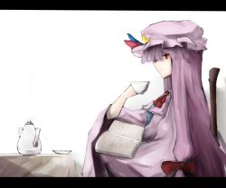 Rule 34 | 1girl, bad id, bad pixiv id, book, bow, hair bow, hat, hat bow, letterboxed, long hair, neko-hime (neko-hime), patchouli knowledge, purple eyes, purple hair, solo, tea set, touhou