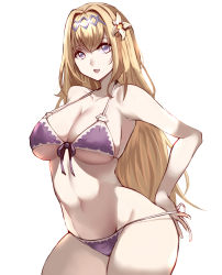 Rule 34 | 1girl, :d, absurdres, adjusting clothes, adjusting swimsuit, armpits, bare arms, bare shoulders, bikini, blonde hair, breasts, cleavage, collarbone, cowboy shot, eyelashes, flower, front-tie bikini top, front-tie top, granblue fantasy, hair flower, hair ornament, hairband, halterneck, hand on own hip, highres, jeanne d&#039;arc (granblue fantasy), kisaragi tsurugi, large breasts, long hair, looking at viewer, navel, open mouth, purple bikini, purple eyes, purple ribbon, ribbon, simple background, smile, solo, standing, stomach, straight hair, string bikini, swimsuit, thighs, underboob, very long hair, white background, white flower, white ribbon
