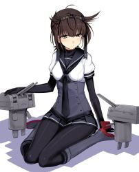 Rule 34 | 10s, 1girl, :&lt;, = =, anchor symbol, antenna hair, belt, black gloves, black necktie, black pantyhose, black skirt, blunt bangs, blush, boots, breasts, brown hair, buttons, cannon, chou-10cm-hou-chan (hatsuzuki&#039;s), closed mouth, collarbone, corset, elbow gloves, full body, gloves, grey footwear, hair flaps, hairband, hatsuzuki (kancolle), headpat, high heels, kantai collection, knee boots, knees together feet apart, kumadano, light smile, machinery, miniskirt, necktie, pantyhose, pleated skirt, puffy short sleeves, puffy sleeves, robot, shirt, short hair, short sleeves, simple background, sitting, skin tight, skirt, small breasts, standing, turret, underbust, wariza, white background, white shirt