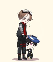 Rule 34 | 2boys, amatsuki (utaite), black coat, black footwear, black gloves, black hair, black pants, black vest, blue headwear, boots, bright pupils, brown eyes, brown hair, coat, crazy raccoon, eyepatch, full body, gloves, goggles, goggles on head, hat, height difference, highres, hood, hooded vest, hoodie, hook hand, long sleeves, looking at another, male focus, military, military uniform, mondo (crazy raccoon), multiple boys, open mouth, pants, peg leg, pink eyes, print eyepatch, shoelaces, short hair, simple background, smile, standing, sweatdrop, tonvy, triangle mouth, uniform, vest, virtual youtuber, white pupils, yellow background