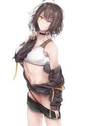 Rule 34 | 1girl, ;), absurdres, ahoge, azur lane, baltimore (azur lane), baltimore (black ace) (azur lane), bare shoulders, black choker, black shorts, braid, breasts, brown hair, brown jacket, choker, clothes pull, collarbone, commentary, cowboy shot, english commentary, french braid, grin, hair between eyes, hand up, highres, index finger raised, jacket, large breasts, long sleeves, looking at viewer, midriff, mixed-language commentary, navel, off shoulder, official alternate costume, one eye closed, painttool sai (medium), panties, panty pull, partially unzipped, red panties, short hair, short shorts, shorts, shorts pull, sidelocks, signature, simple background, sleeves past wrists, smile, solo, sports bra, standing, sweat, underwear, white background, white sports bra, xevxt, yellow eyes