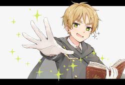 Rule 34 | 1boy, axis powers hetalia, blonde hair, book, cape, gloves, green eyes, holding, holding book, iluka (ffv7), jacket, looking at viewer, male focus, necktie, open mouth, reaching, reaching towards viewer, short hair, smile, solo, sparkle, thick eyebrows, united kingdom (hetalia), upper body