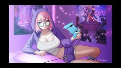 Rule 34 | 1girl, breasts, cleavage, cuties hacked oh no someone stole my photos, glasses, highres, large breasts, pink hair, somequest