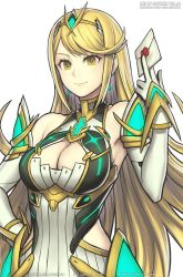 Rule 34 | 1girl, blonde hair, breasts, chest jewel, cleavage, cleavage cutout, clothing cutout, earrings, envelope, female focus, gloves, gofelem, jewelry, large breasts, letter, matching hair/eyes, mythra (xenoblade), nintendo, patreon username, smash invitation, solo, super smash bros., swept bangs, twitter username, watermark, web address, xenoblade chronicles (series), xenoblade chronicles 2, yellow eyes