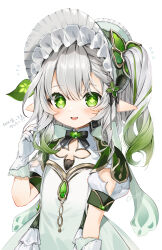 Rule 34 | 1girl, adapted costume, bonnet, dress, flat chest, flying sweatdrops, genshin impact, gloves, gotou (nekocat), gradient hair, green eyes, green hair, hair ornament, twirling hair, highres, long hair, looking at viewer, multicolored hair, nahida (genshin impact), pointy ears, side ponytail, simple background, smile, solo, symbol-shaped pupils, translation request, white background, white dress, white gloves, white hair, white headwear