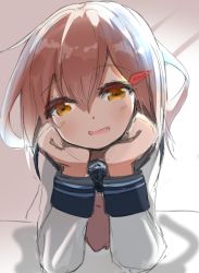 Rule 34 | 1girl, absurdres, anchor symbol, black sailor collar, brown hair, commentary request, hair ornament, hairclip, hands on own face, highres, ikazuchi (kancolle), kantai collection, kiyoharu lp, looking at viewer, neckerchief, one-hour drawing challenge, sailor collar, school uniform, serafuku, short hair, solo, upper body