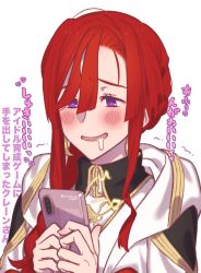 Rule 34 | 1girl, blush, cellphone, drooling, fate/grand order, fate (series), heart, heart-shaped pupils, highres, miss crane (fate), mitsurugi sugar, musical note, phone, purple eyes, red hair, smartphone, solo, symbol-shaped pupils, translation request, white background