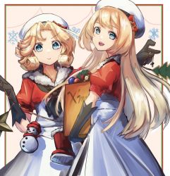 Rule 34 | 2girls, adapted costume, black gloves, blonde hair, blue eyes, christmas, christmas ornaments, closed mouth, dress, gloves, hair between eyes, hat, highres, janus (kancolle), jervis (kancolle), kantai collection, long hair, looking at viewer, multiple girls, open mouth, panda (heart sink), puffy short sleeves, puffy sleeves, sailor hat, short hair, short sleeves, smile, snowflakes, white dress, white headwear