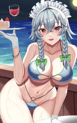 Rule 34 | 1girl, absurdres, bikini, blush, bow, bracelet, braid, breasts, cake, cake slice, commentary request, cowboy shot, cup, drinking glass, food, fruit, full moon, gloves, gluteal fold, grey hair, hair bow, highres, holding, holding tray, hossy, izayoi sakuya, jewelry, large breasts, leaning forward, looking at viewer, maid headdress, medium hair, moon, multiple hair bows, navel, night, night sky, o-ring, o-ring bottom, red eyes, sky, smile, solo, strawberry, swimsuit, table, thigh gap, touhou, tray, twin braids, water, wet, whipped cream, white gloves, wine glass