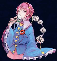 Rule 34 | 1girl, blouse, blue background, blue shirt, blush, blush stickers, bright pupils, buttons, closed mouth, commentary, flower, frilled shirt collar, frilled sleeves, frills, hair ornament, hairband, hand up, heart, heart button, heart hair ornament, holding, holding flower, katai (nekoneko0720), komeiji satori, long sleeves, looking at viewer, pink hair, pink skirt, red eyes, red hairband, rose, shirt, short hair, simple background, skirt, smile, solo, third eye, thorns, touhou, upper body, white flower, white pupils, white rose, wide sleeves