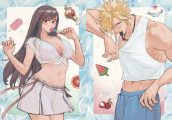 Rule 34 | 1boy, 1girl, alternate costume, bare arms, black hair, blonde hair, blue eyes, breasts, casual, cleavage, cloud strife, cowboy shot, crop top, final fantasy, final fantasy vii, food, fruit, hair ornament, holding, holding food, ice cream, large breasts, linono, long hair, looking at viewer, lychee, midriff, navel, pleated skirt, popsicle, red eyes, see-through, see-through shirt, shirt, signature, skirt, sleeveless, sleeveless shirt, spiked hair, square enix, tank top, tied shirt, tifa lockhart, toned, toned male, watermelon, white tank top