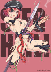 Rule 34 | 1girl, absurdres, amputee, android, text background, bar censor, blush, breasts, brown eyes, censored, cross, eyepatch, female focus, gun, hat, highres, impaled, injury, iron cross, magazine (weapon), mechanical parts, military hat, nazi, nipples, nude, number10 (hagakure), original, polearm, red background, red hair, science fiction, short hair, smoke, smoking barrel, solo, spear, twitter username, weapon, wire