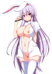 Rule 34 | 1girl, animal ears, blush, breasts, cleft of venus, ebi 193, female focus, flashlight, garter straps, large breasts, long hair, marisa to alice no cookie storia, naked shirt, nipples, no bra, no panties, nurse, purple hair, pussy, rabbit ears, red eyes, reisen udongein inaba, revision, shirt, short sleeves, smile, solo, standing, striped, thighhighs, touhou, uncensored, very long hair, white thighhighs