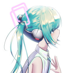 Rule 34 | 1girl, aqua eyes, aqua hair, aqua necktie, bare shoulders, bloom, commentary, from side, glowing, hair ornament, hand up, hatsune miku, hatsune miku (vocaloid4), headphones, highres, long hair, misho39, necktie, open mouth, profile, shirt, simple background, sleeveless, sleeveless shirt, solo, twintails, v4x, vocaloid, white background, white shirt