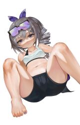 Rule 34 | 1girl, absurdres, bare arms, bare legs, bare shoulders, barefoot, black shorts, blue nails, breasts, closed mouth, collarbone, commentary request, dokomon, drill hair, dutch angle, feet out of frame, grey eyes, grey hair, highres, honkai: star rail, honkai (series), long hair, looking at viewer, nail polish, navel, short shorts, shorts, side drill, side ponytail, silver wolf (honkai: star rail), simple background, small breasts, solo, toenail polish, toenails, toes, v-shaped eyebrows, white background